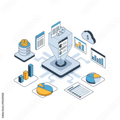 Isometric illustration of data analysis and business intelligence, showcasing charts, graphs, documents, and cloud storage.