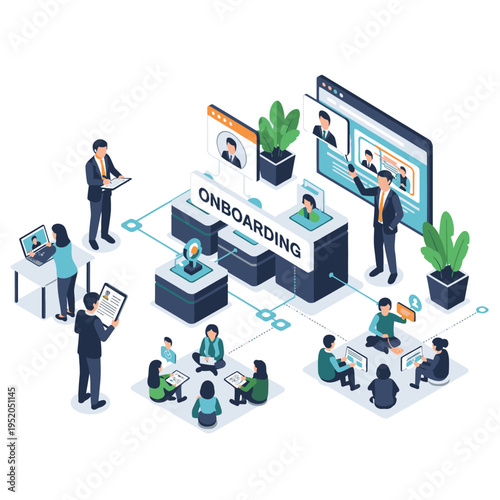Isometric illustration of a modern onboarding process with diverse employees and digital tools for seamless integration into a company.