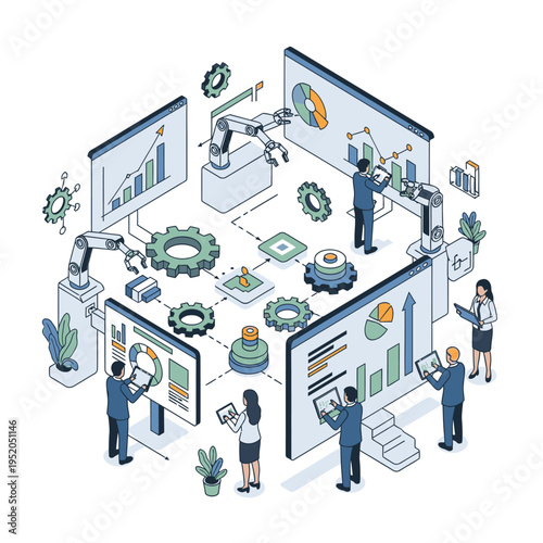 Isometric illustration of a futuristic industrial automation system with robotic arms, data analysis screens, and business professionals collaborating on a project.