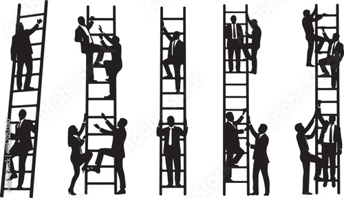 Silhouettes of people climbing and helping on multiple ladders together
