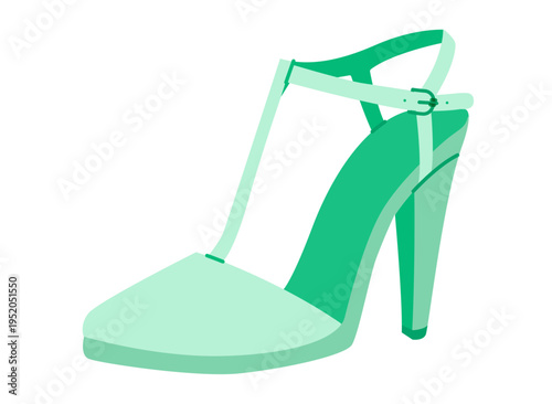 T bar pump women mint heel flat shoe. Strap front vintage dress footwear for party, cute outfit, summer look. Technical illustration, CAD mockup, bright vector men unisex isolated playful style.
