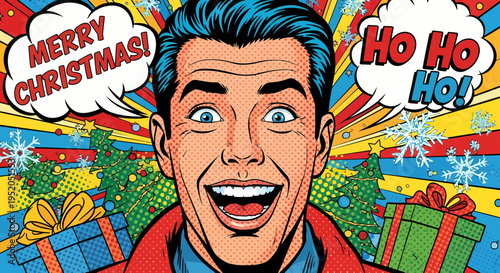 Festive comic art of a man enthusiastically wishing everyone a Merry Christmas, with a speech bubble saying Ho Ho Ho
