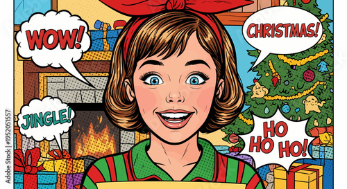 A colorful retro illustration of a woman expressing joyful sentiments on Christmas, surrounded by presents and festive decorations.