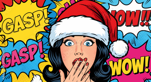 A woman's amazed reaction in a Pop Art style Christmas scene with speech bubbles expressing GASP! and WOW!!