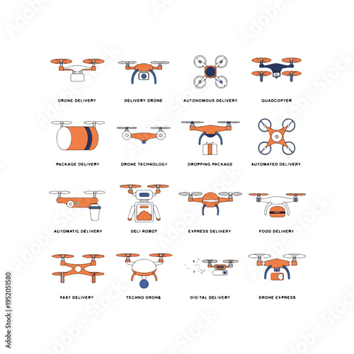 Modern drone delivery icons set logistics technology fast shipping futuristic service
