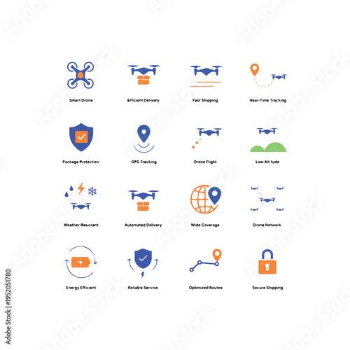 Modern drone delivery icons set logistics technology fast shipping futuristic service
