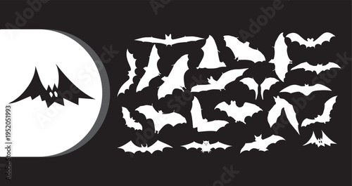 A collection of white bat silhouettes flying against a black background with a moon