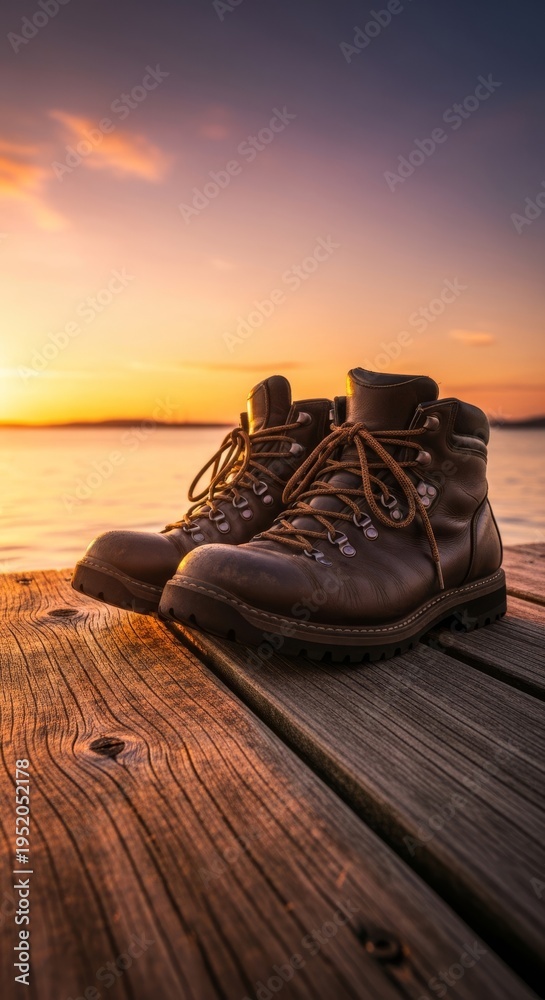 Fototapeta premium Durable hiking boots resting neatly on a weathered wooden dock, bathed in the warm, golden glow of a peaceful sunset. Shallow focus, sunset, solitude, planks