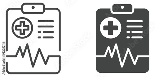 medical report clipboard icon set, outline and silhouette style illustrations representing healthcare documentation, patient records,  editable vector graphics for medical and hospital design projects