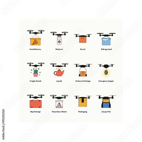 Modern drone delivery icons set logistics technology fast shipping futuristic service

