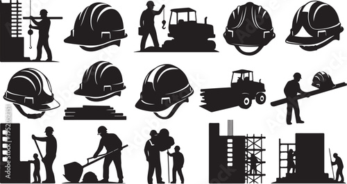 Construction Workers and Equipment Silhouettes on White Background Vector Illustration