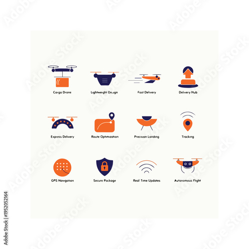 Modern drone delivery icons set logistics technology fast shipping futuristic service
