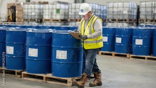 Employee reviews resin drum integrity with clipboard notes confirming proper labeling and quality control in an industrial staging area.