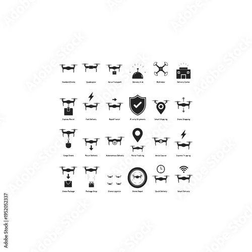 Modern drone delivery icons set logistics technology fast shipping futuristic service
