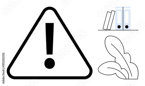 Warning, caution, safety rules, workplace organization, document management, office signage. A triangle with an exclamation mark, file binders and leaves. Warning and workplace organization