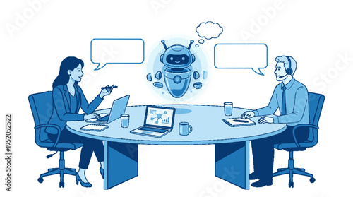 Business professionals discussing ideas around a modern office table with ai robot facilitating the brainstorming meeting