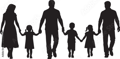 Silhouette of a blended family walking together hand in hand