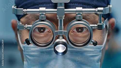 Close Up Of Surgeon Wearing Loupes And Mask In Operating Room.