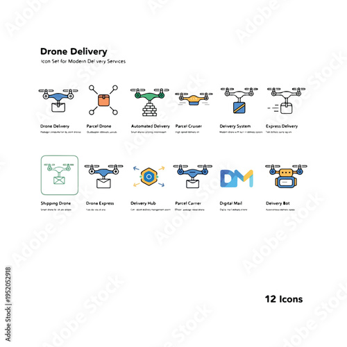 Modern drone delivery icons set logistics technology fast shipping futuristic service
