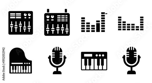 Music icons and audio equipment symbols.