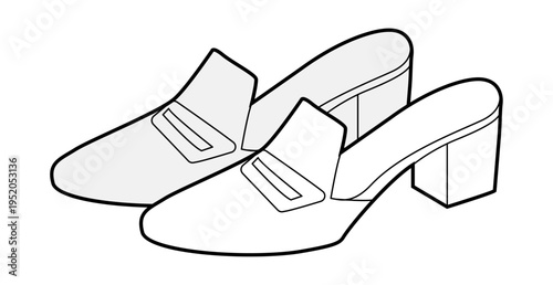 Loafer mule shoe women sketch pair. Slip on block heel shoe for office, casual chic, city outfit. Technical fashion illustration, CAD mockup, detailed vector men unisex isolated stylish style.