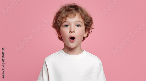 Surprised Boy With Open Mouth On Pink Background, White T Shirt Studio Portrait
