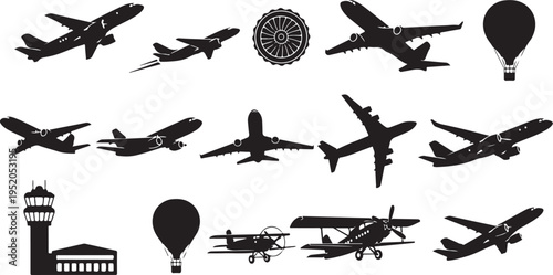 Silhouettes of various airplanes and aircraft in flight together