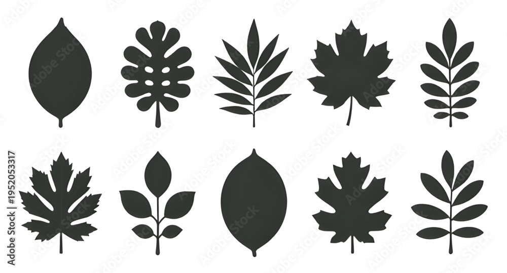 Naklejka premium leaves, leaf, foliage, plant, botanical, nature, greenery, green, branch, stem, natural, organic, garden, flora, forest, jungle, tropical, eco, environment, growth, silhouette, silhouettes, black, sha