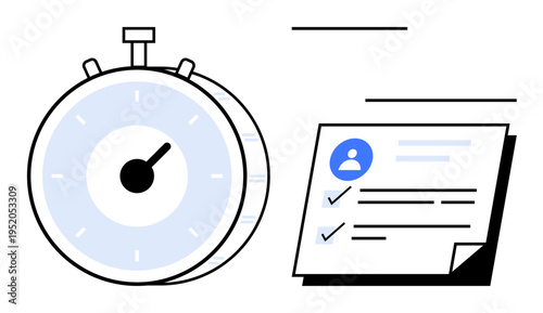 Stopwatch measuring time beside a document with a profile icon and checklist. Ideal for productivity, task tracking, planning, time management, deadlines, organization, and goal-setting. Clear