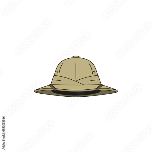 A safari hat with a wide brim, made of light brown fabric, featuring a strap around the base, isolated on a white background, suitable for adventure and exploration