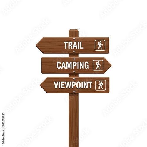 Outdoor wooden signpost providing clear directions to a hiking trail, camping ground, and scenic viewpoint, symbolizing adventure and exploration in nature