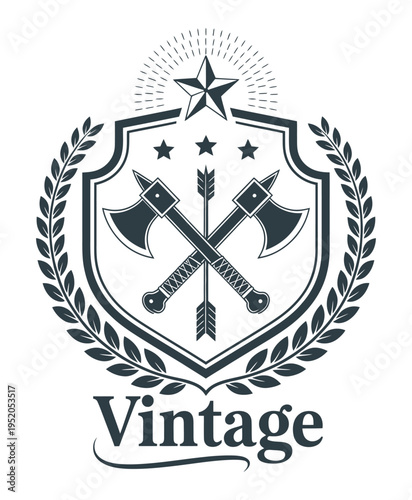 heraldic design vintage emblem, intricate medieval style crest with shields, banners, and ornamental elements, detailed vector illustration suitable for logos, branding, and historical projects.