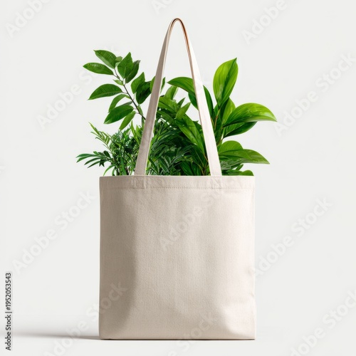 Wallpaper Mural A beige canvas tote bag filled with lush green foliage, symbolizing sustainability and eco-friendly living Torontodigital.ca