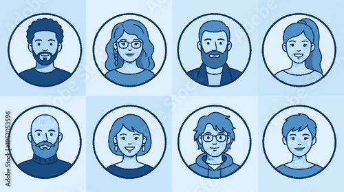 Eight diverse people icons in blue tones on a light blue background for user profiles