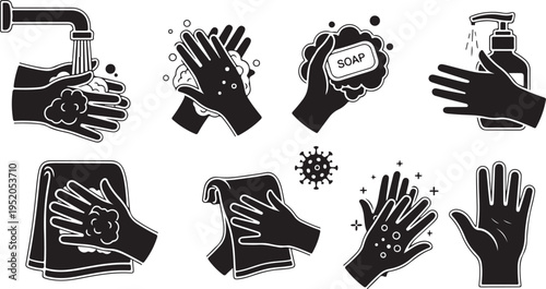 Handwashing icons set for hygiene and cleanliness education purposes