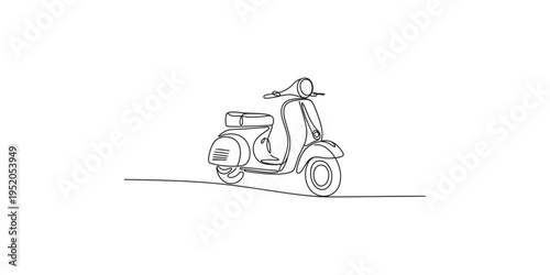 A black line drawing of a classic scooter on a white background