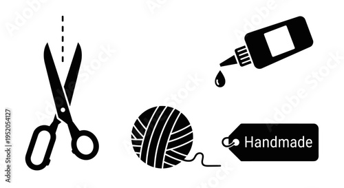 Scissors yarn glue handmade craft tools.