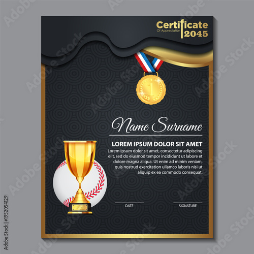 Baseball Certificate Design With Gold Cup Set Vector. baseball. Sports Award Template