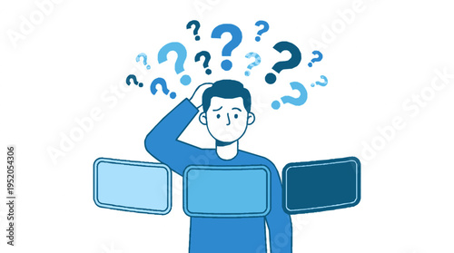 Confused man surrounded by question marks and blank screens symbolizing indecision and uncertainty
