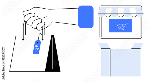 Online shopping, e-commerce, retail sales, digital marketplace, delivery services, shop discounts. Hand holding shopping bag, storefront delivery box. Online shopping and e-commerce concept