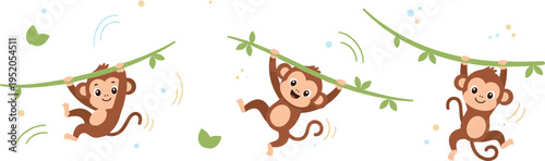 Cute monkey swinging on branches vector illustration set with playful jungle animals, tropical leaves and funny cartoon character collection design