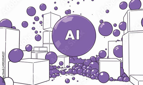 Colorful purple AI graphic with bubbles and cubes showing technology and innovation concepts during the daytime