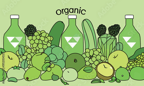 Green fruits and vegetables with bottles in a fresh market setting at a local farm