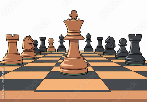 Chess game in progress with black and brown pieces on a checkered board showing strategic moves and positions