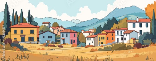 Colorful houses stand among fields and mountains in a rural area during daytime