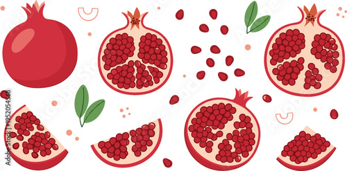 Pomegranate fruit vector illustration set with whole, sliced and seeds, fresh organic healthy food elements collection for natural design
