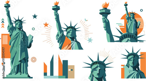 Statue of Liberty vector illustration set with iconic New York landmark, American symbol, city skyline elements and modern geometric design collection