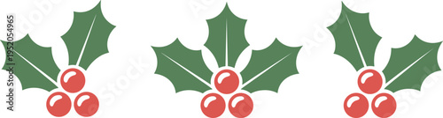 Set of Christmas holly berry vector illustrations with green leaves and red fruit for holiday decoration and winter patterns.