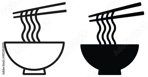 noodle icon bold silhouette outline style, simple minimal design of noodle bowl with chopsticks, vector illustration suitable for food apps, menus, and restaurant branding.