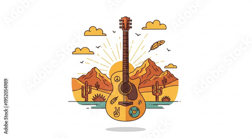 Vibrant guitar with desert landscape and sunny sky background music and nature harmony